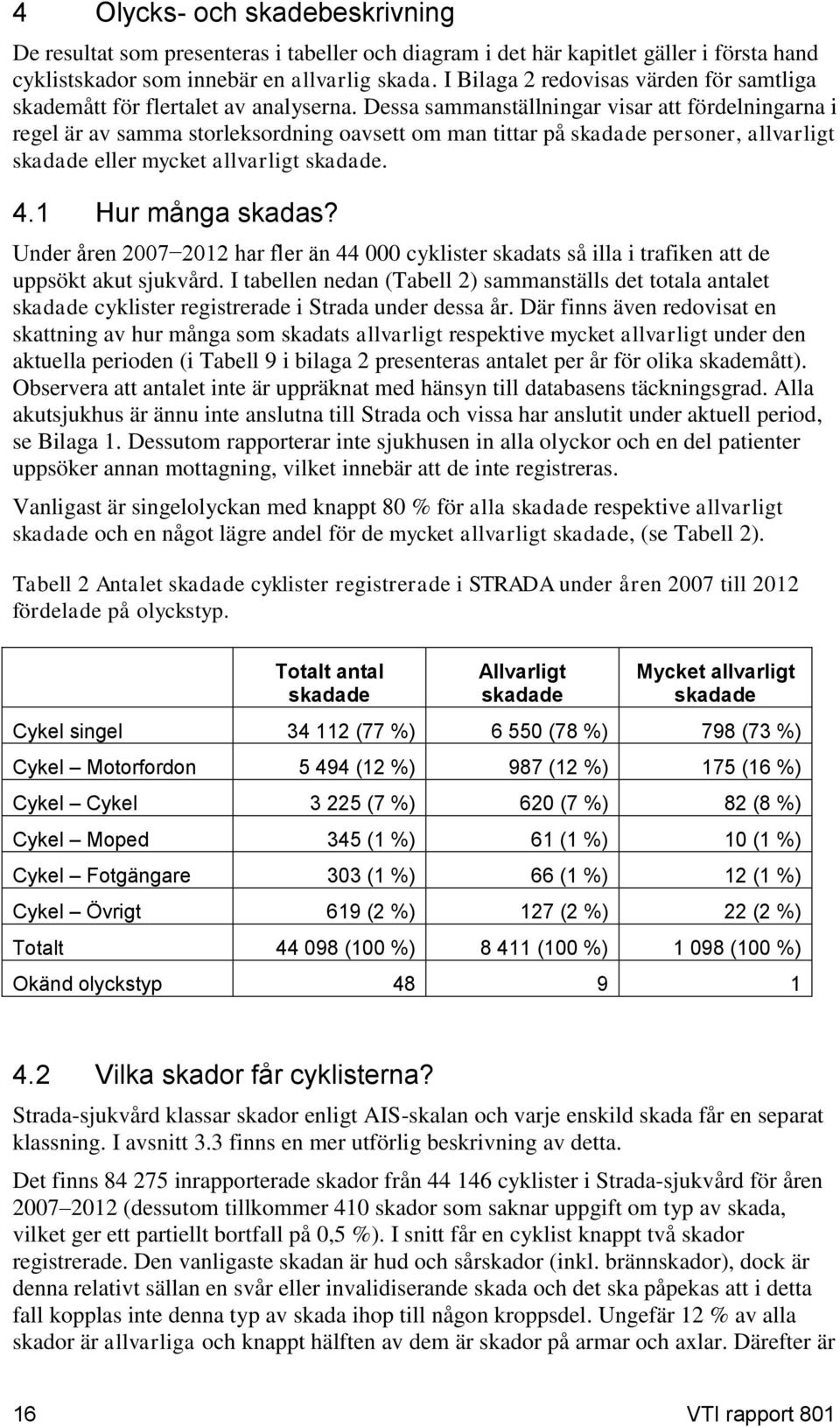 Dessa sammanställningar visar att fördelningarna i regel är av samma storleksordning oavsett om man tittar på skadade personer, allvarligt skadade eller mycket allvarligt skadade. 4.