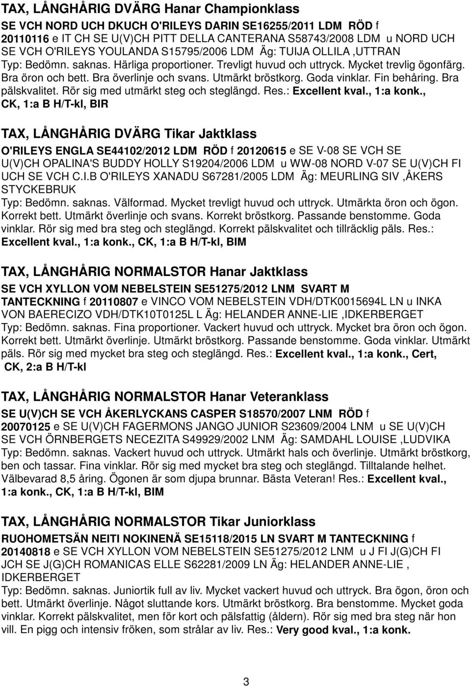 Utmärkt bröstkorg. Goda vinklar. Fin behåring. Bra pälskvalitet. Rör sig med utmärkt steg och steglängd. Res.: Excellent kval., 1:a konk.