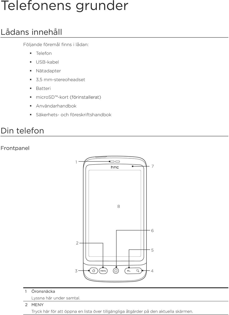 Säkerhets- och föreskriftshandbok Din telefon Frontpanel 1 7 8 6 2 5 3 4 1 Öronsnäcka Lyssna