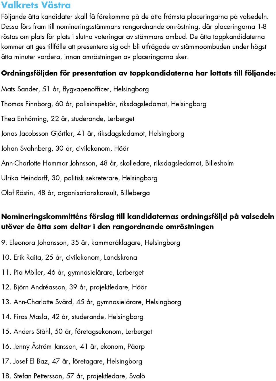 De åtta toppkandidaterna Mats Sander, 51 år, flygvapenofficer, Helsingborg Thomas Finnborg, 60 år, polisinspektör, riksdagsledamot, Helsingborg Thea Enhörning, 22 år, studerande, Lerberget Jonas