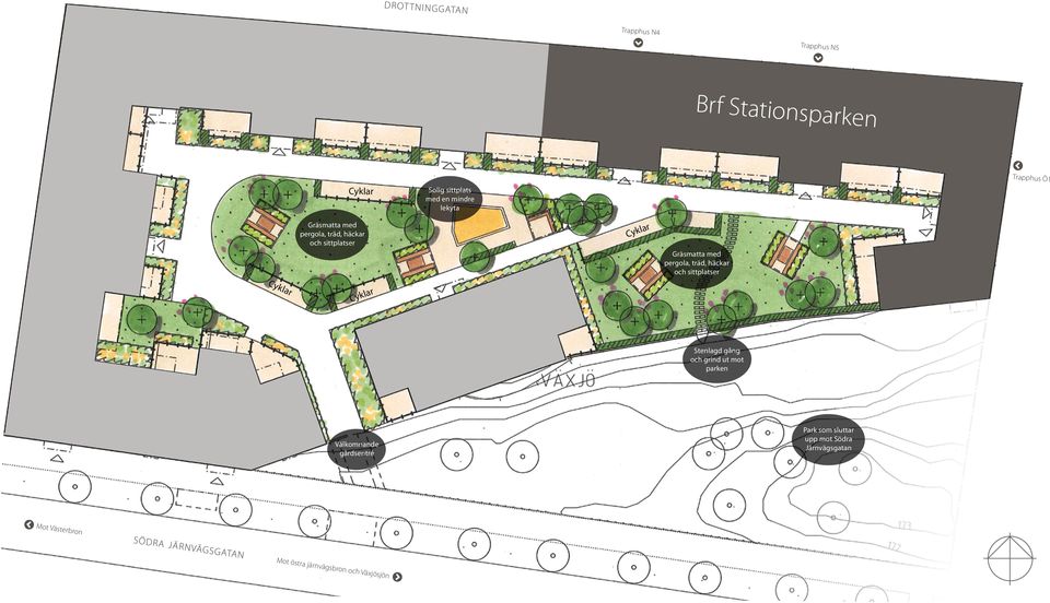 sittplatser Cyk la r r la Cyk Stenlagd gång och grind ut mot parken Park som sluttar upp mot Södra