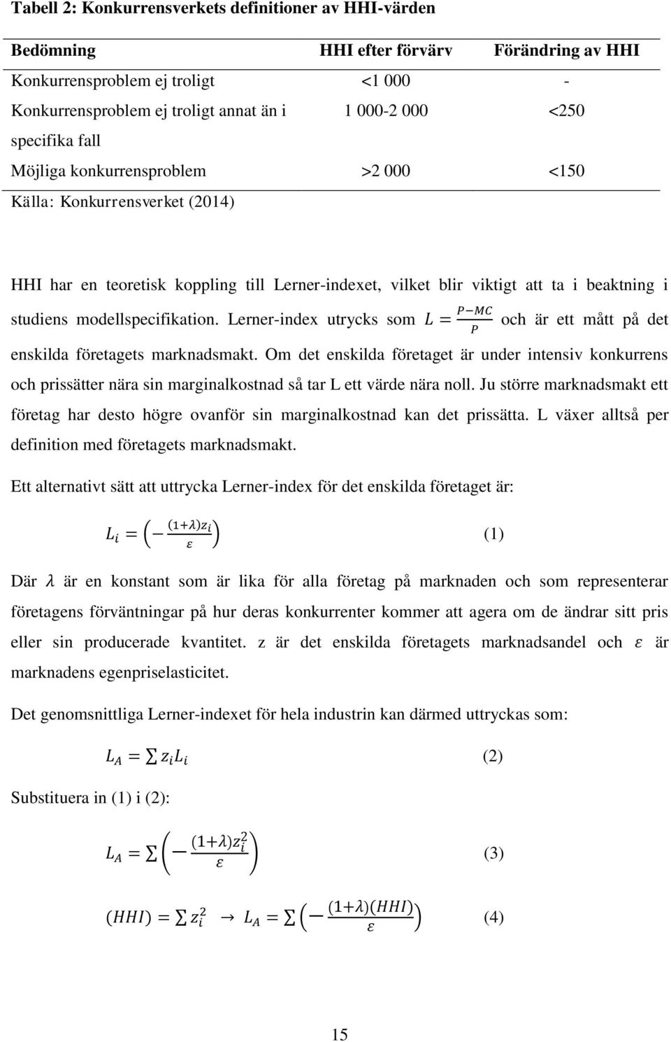 modellspecifikation. Lerner-index utrycks som L = P MC P och är ett mått på det enskilda företagets marknadsmakt.