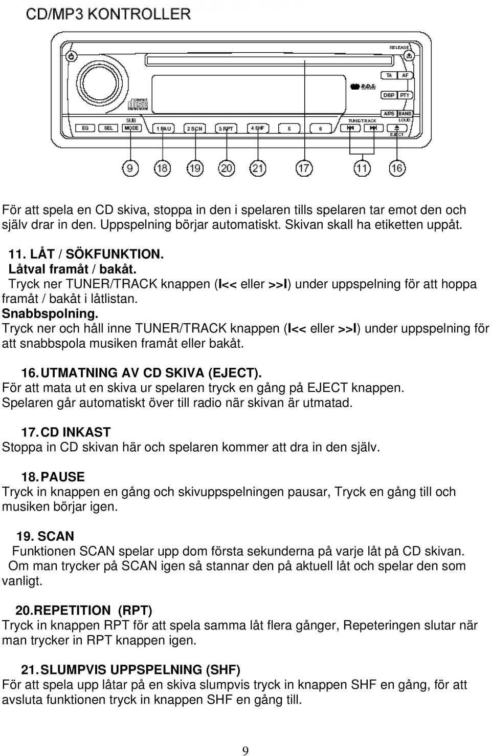 Tryck ner och håll inne TUNER/TRACK knappen (I<< eller >>I) under uppspelning för att snabbspola musiken framåt eller bakåt. 16. UTMATNING AV CD SKIVA (EJECT).