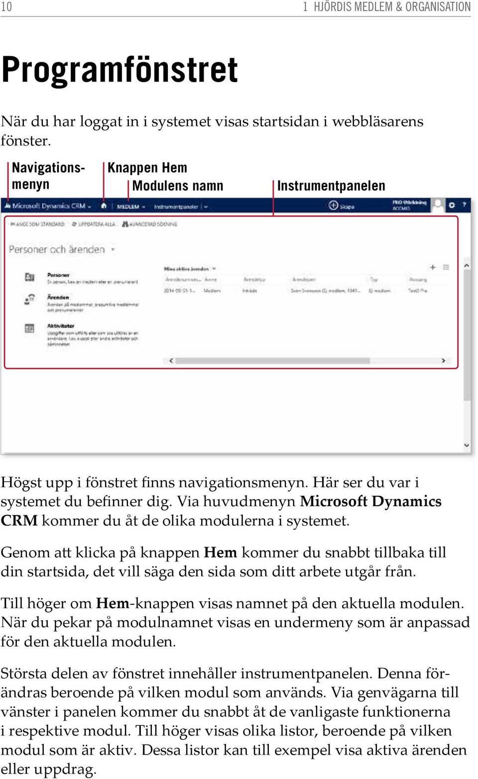 Via huvudmenyn Microsoft Dynamics CRM kommer du åt de olika modulerna i systemet.