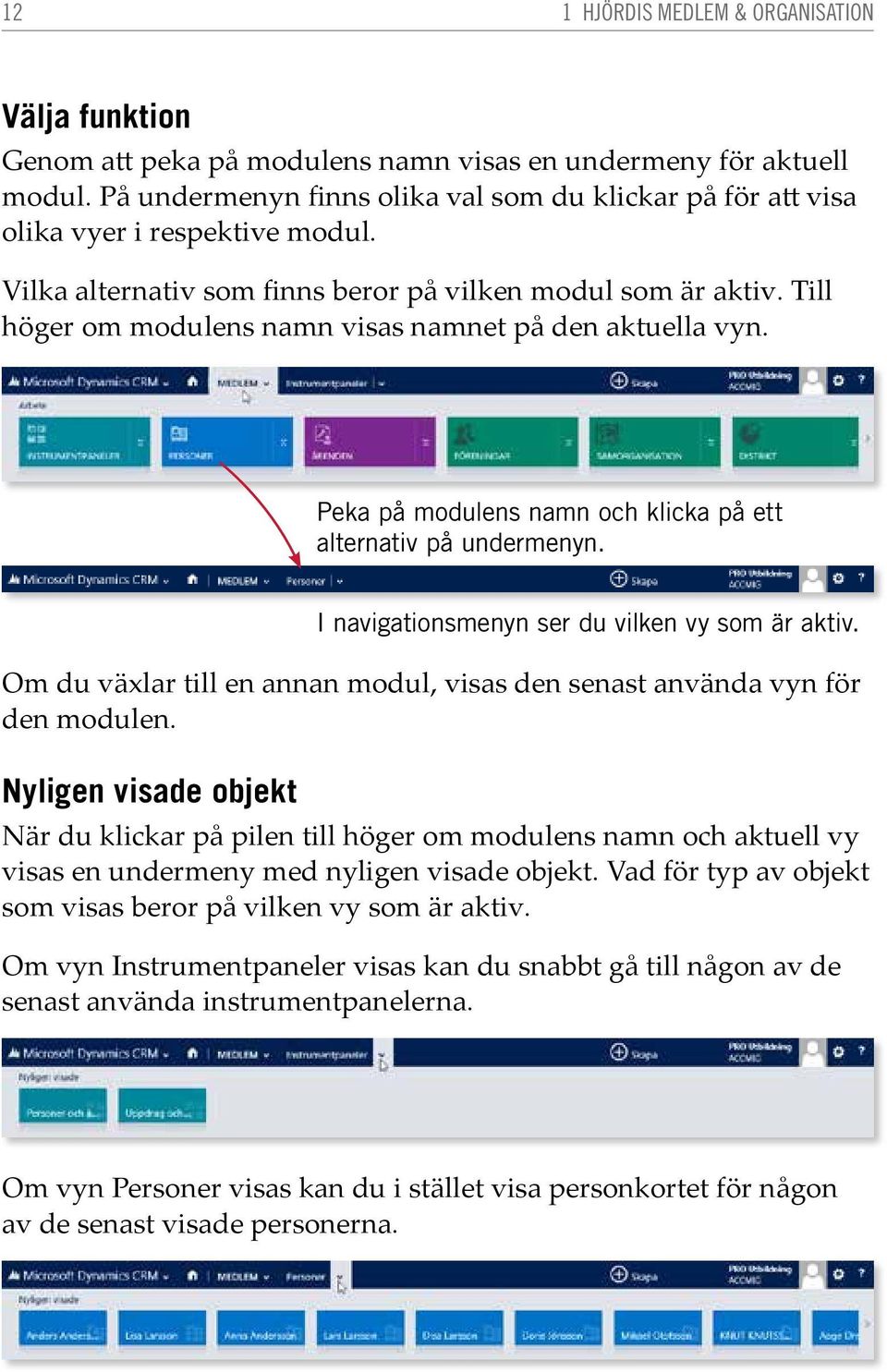 Till höger om modulens namn visas namnet på den aktuella vyn. Peka på modulens namn och klicka på ett alternativ på undermenyn. I navigationsmenyn ser du vilken vy som är aktiv.