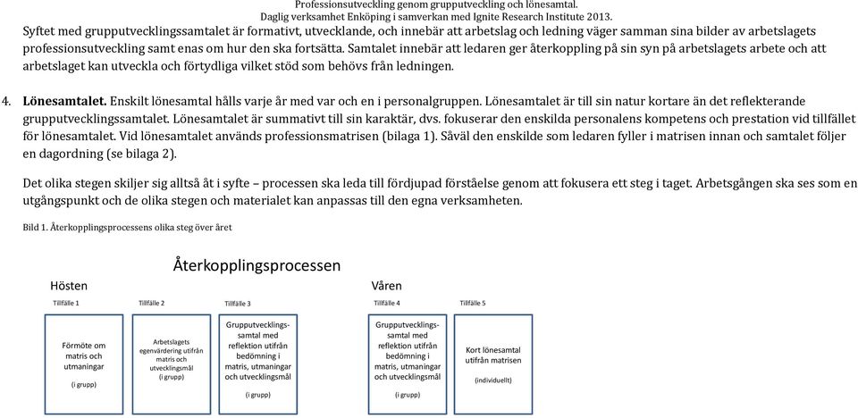 Enskilt lönesamtal hålls varje år med var och en i personalgruppen. Lönesamtalet är till sin natur kortare än det reflekterande grupputvecklingssamtalet.