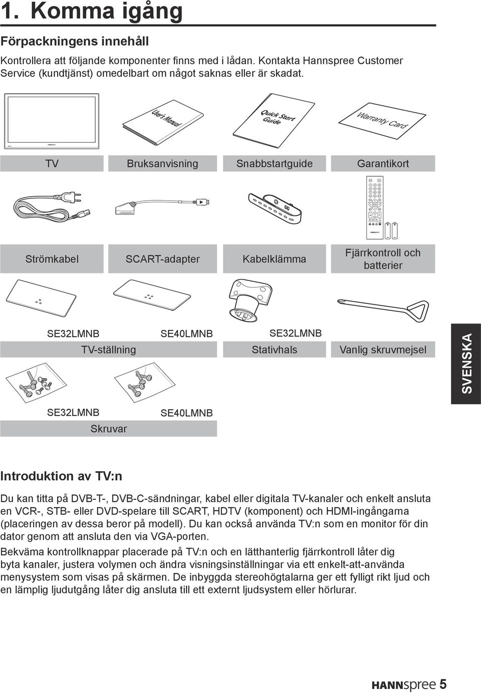 Stativhals Vanlig skruvmejsel SE32LMNB Skruvar SE40LMNB Introduktion av TV:n Du kan titta på DVB-T-, DVB-C-sändningar, kabel eller digitala TV-kanaler och enkelt ansluta en VCR-, STB- eller