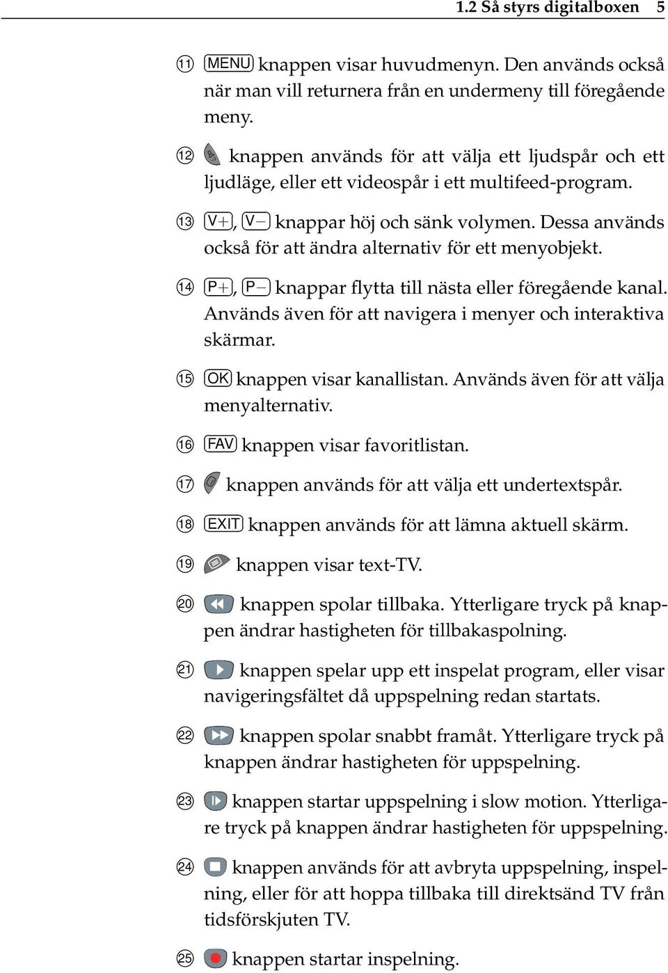 Dessa används också för att ändra alternativ för ett menyobjekt. 14 P+, P knappar flytta till nästa eller föregående kanal. Används även för att navigera i menyer och interaktiva skärmar.