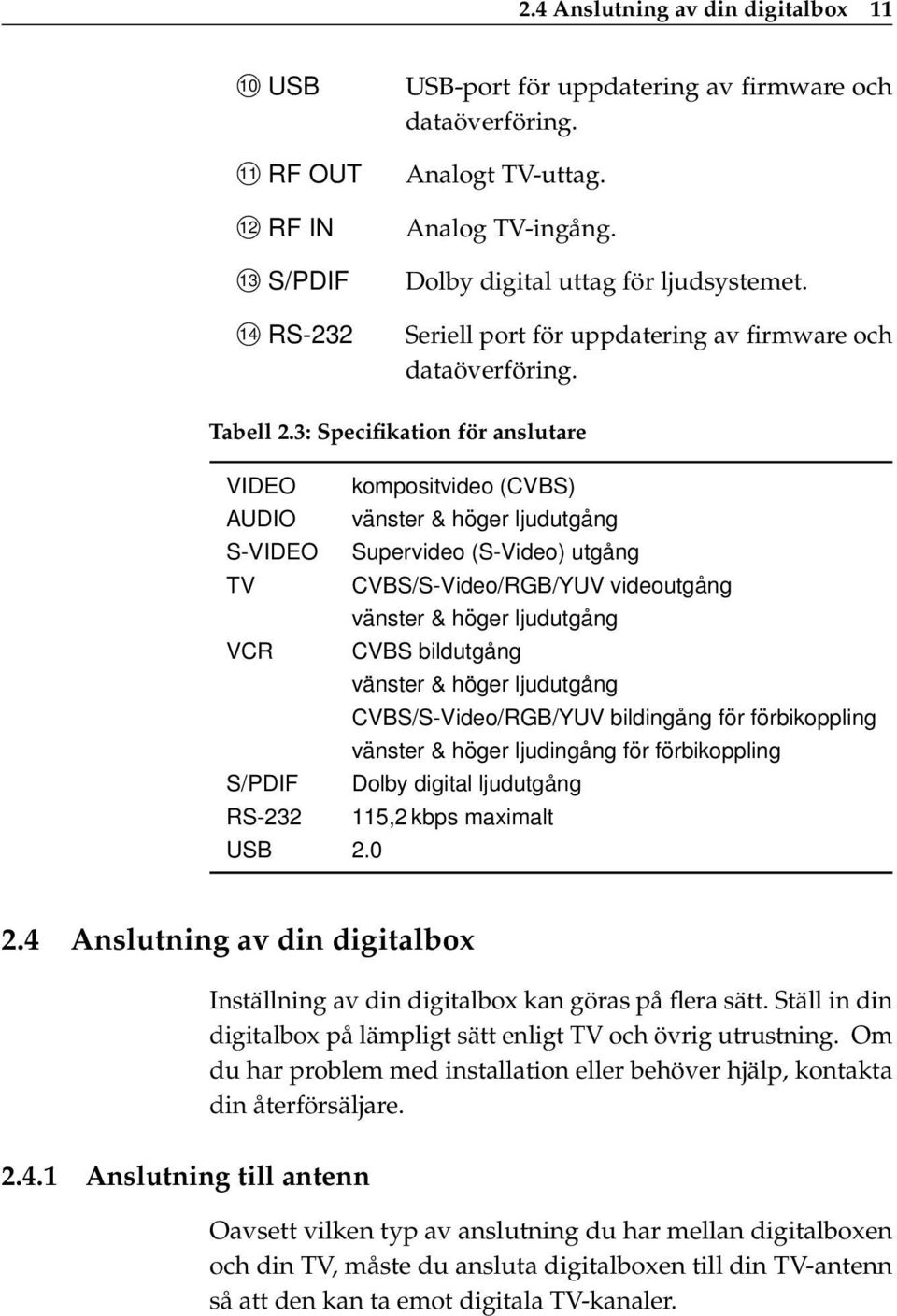 3: Specifikation för anslutare VIDEO kompositvideo (CVBS) AUDIO vänster & höger ljudutgång S-VIDEO Supervideo (S-Video) utgång TV CVBS/S-Video/RGB/YUV videoutgång vänster & höger ljudutgång VCR CVBS