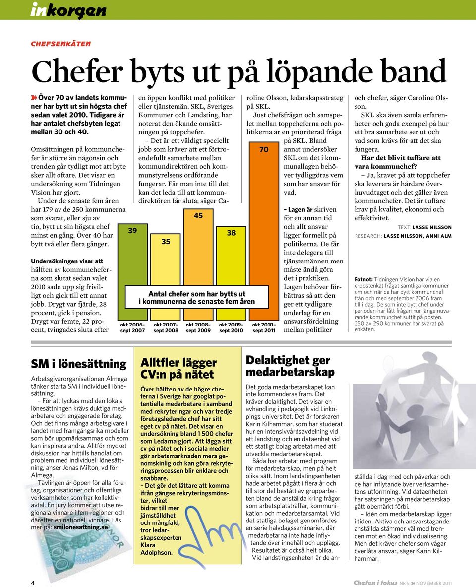 Under de senaste fem åren har 179 av de 250 kommunerna som svarat, eller sju av tio, bytt ut sin högsta chef minst en gång. Över 40 har bytt två eller flera gånger.