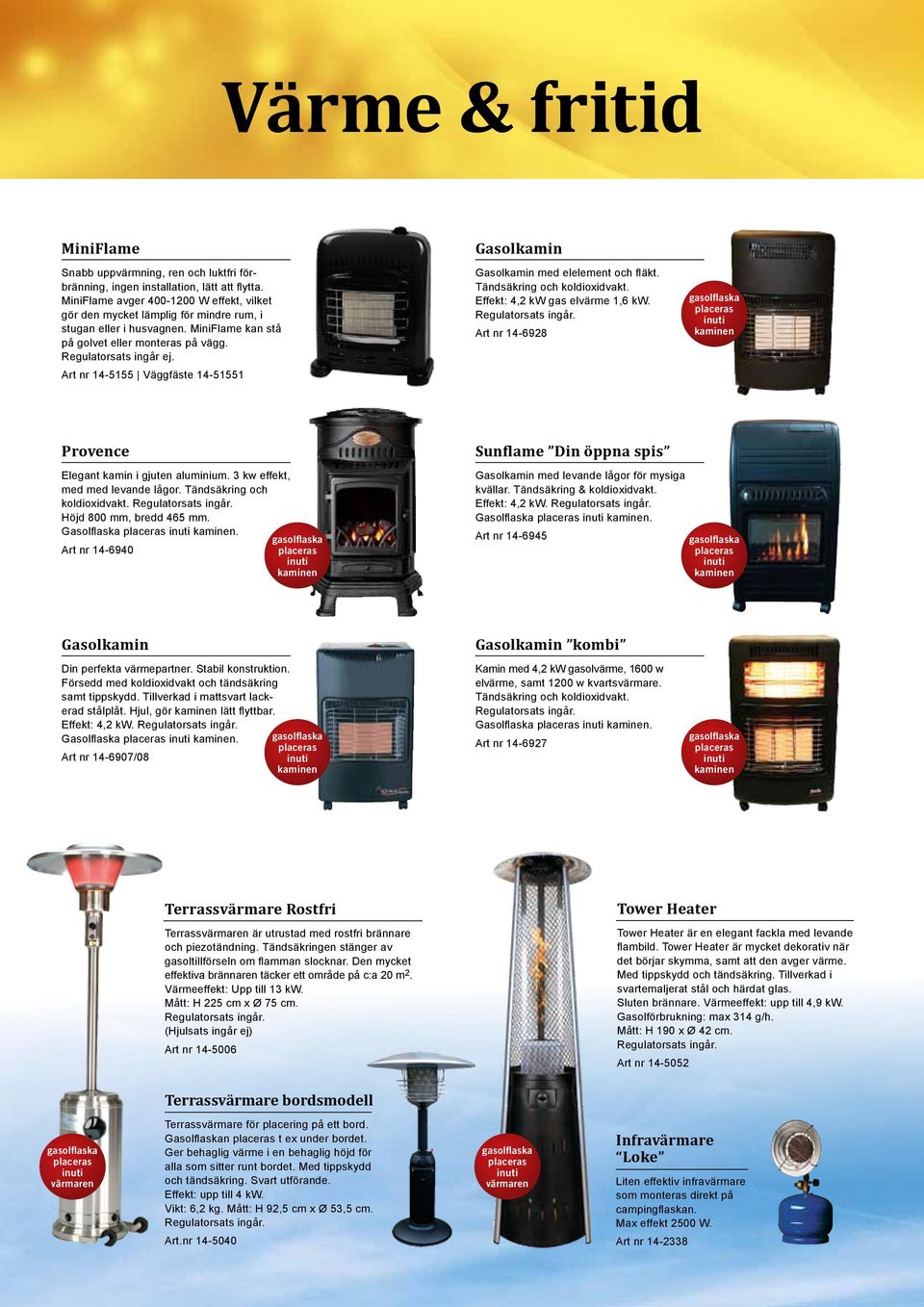 Art nr 14-5155 Väggfäste 14-51551 Gasolkamin Gasolkamin med elelement och fläkt. Tändsäkring och koldioxidvakt. Effekt: 4,2 kw gas elvärme 1,6 kw.