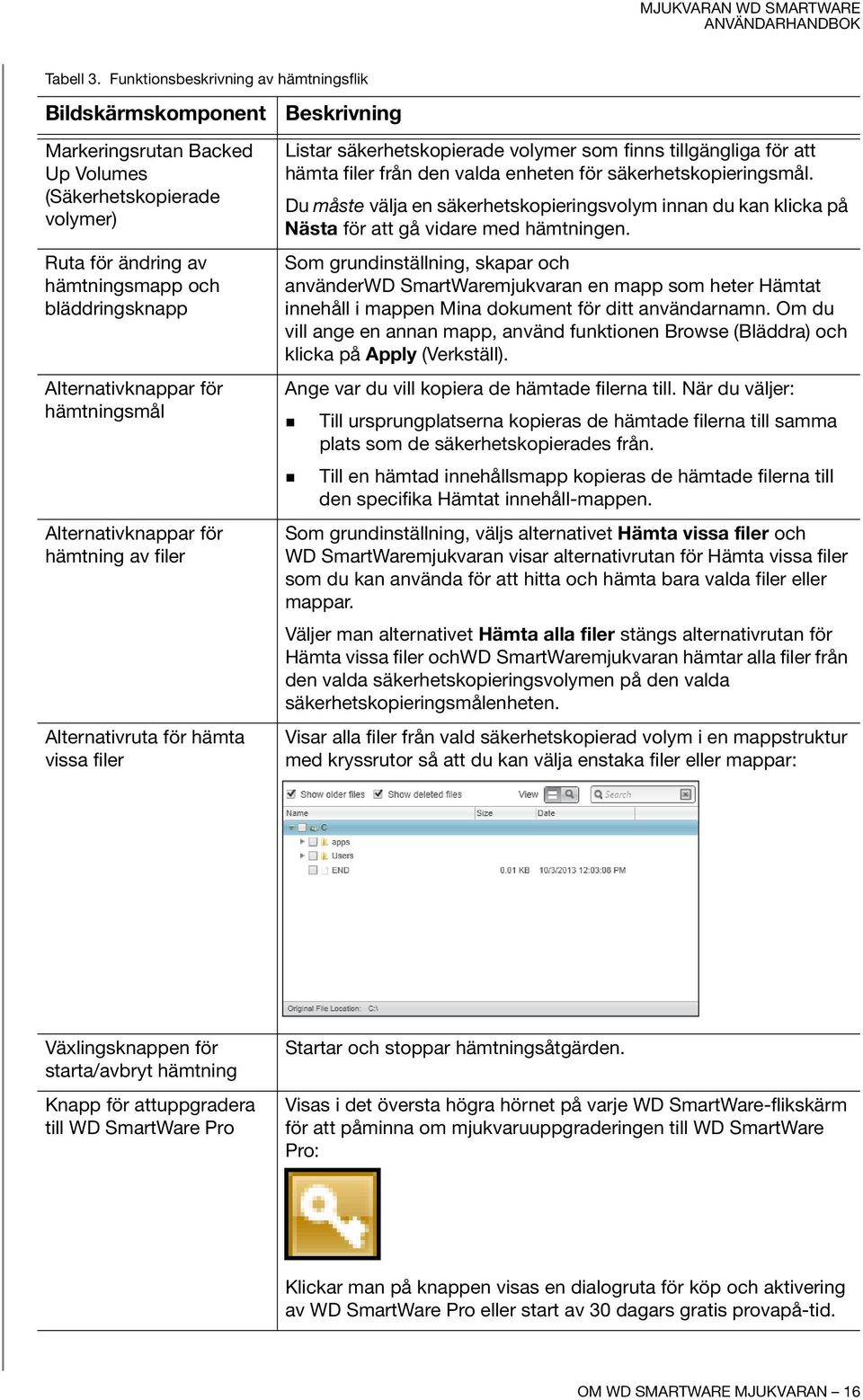 hämtningsmål Alternativknappar för hämtning av filer Alternativruta för hämta vissa filer Beskrivning Listar säkerhetskopierade volymer som finns tillgängliga för att hämta filer från den valda