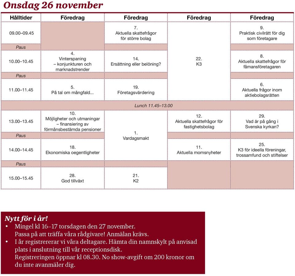 Aktuella frågor inom aktiebolagsrätten Lunch 11.45 13.00 13.00 13.45 Paus 14.00 14.45 10. Möjligheter och utmaningar finansiering av förmånsbestämda pensioner 18. Ekonomiska oegentligheter 1.