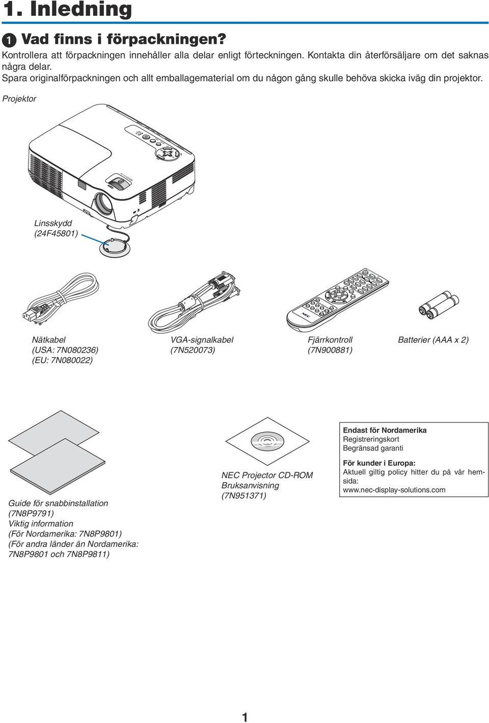 Projektor Linsskydd (24F45801) Nätkabel (USA: 7N080236) (EU: 7N080022) VGA-signalkabel (7N520073) Fjärrkontroll (7N900881) Batterier (AAA x 2) Guide för snabbinstallation (7N8P9791) Viktig