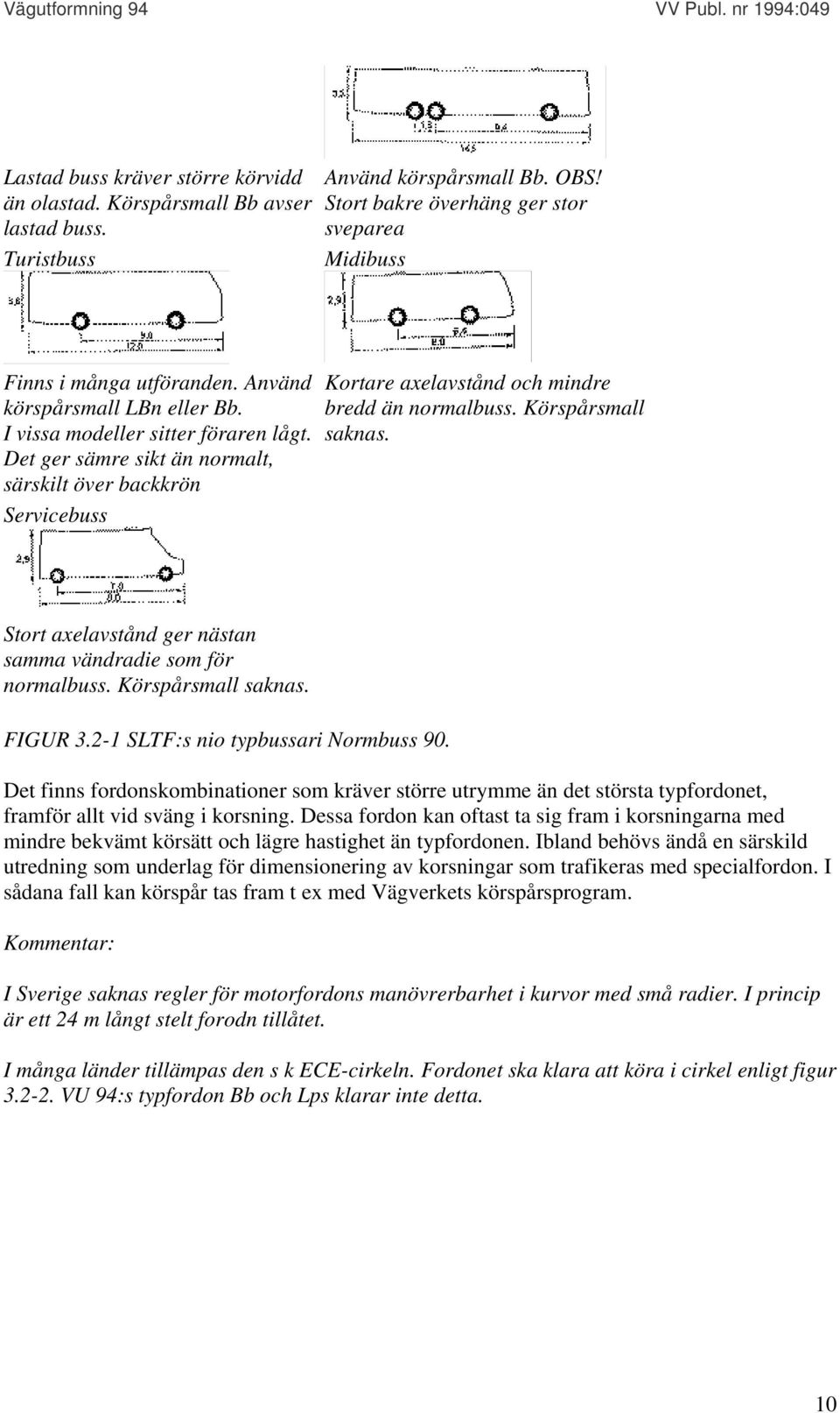 Körspårsmall saknas. Stort axelavstånd ger nästan samma vändradie som för normalbuss. Körspårsmall saknas. FIGUR 3.2-1 SLTF:s nio typbussari Normbuss 90.