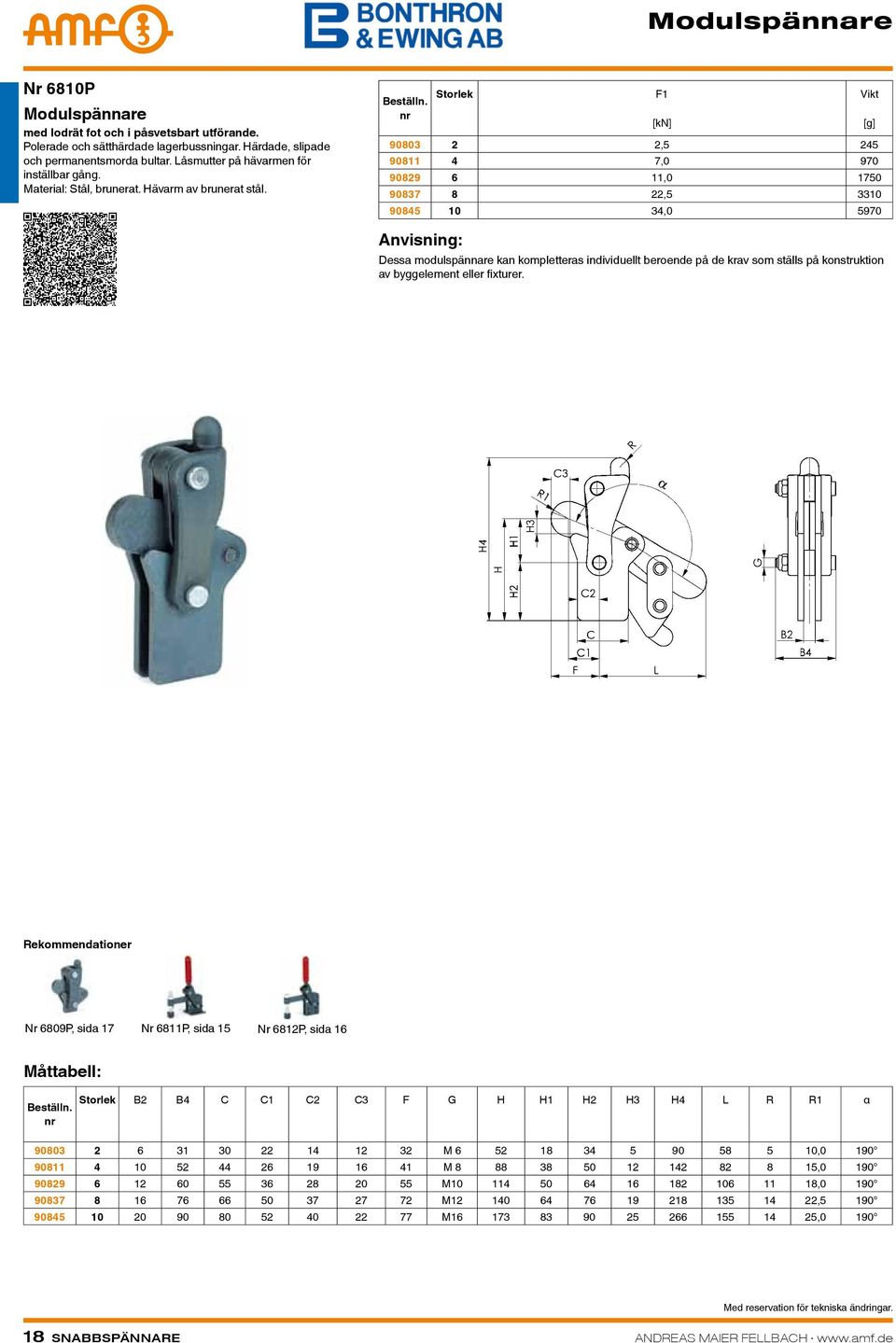 90803 2 2,5 245 90811 4 7,0 970 90829 6 11,0 1750 90837 8 22,5 3310 90845 10 34,0 5970 Anvisning: Dessa modulspännare kan kompletteras individuellt beroende på de krav som ställs på konstruktion av