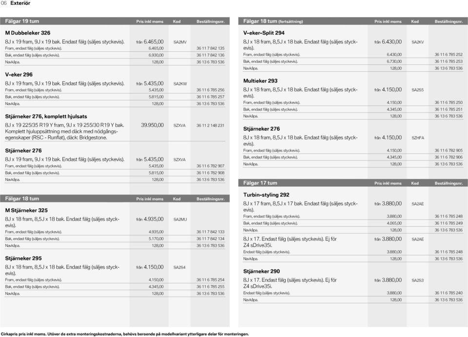 Kod Pris Pris (fortsättning) inkl inkl Kod moms moms Beställningsnr. M Dubbeleker 326 8J!x!19 fram, 9J!x!19 bak. Endast fälg (säljes styckevis). V-eker 296 8J!x!19 fram, 9J!x!19 bak. Endast fälg (säljes styckevis). Stjärneker 276, komplett hjulsats 8J!