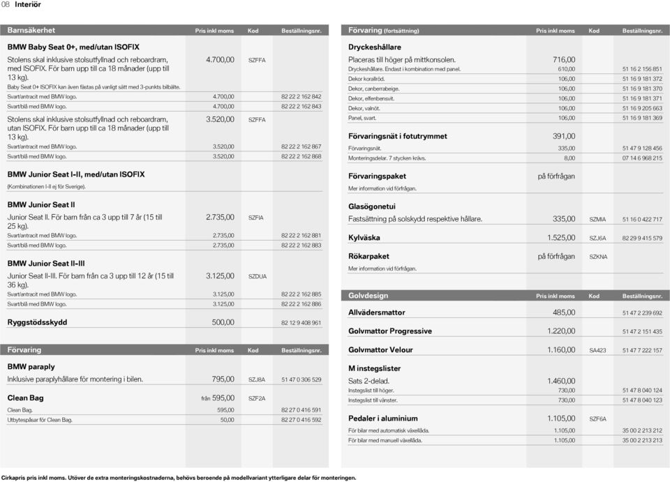 Kod Pris Pris inkl inkl Kod moms moms Beställningsnr. BMW Baby Seat 0+, med/utan ISOFIX Dryckeshållare Stolens skal inklusive stolsutfyllnad och reboardram, med ISOFIX.