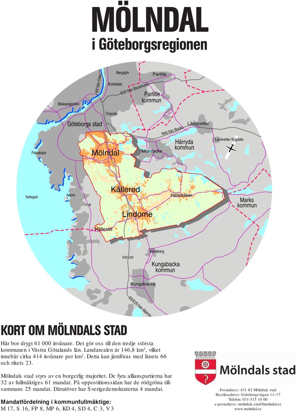 drygt 61 000 invånare. Det gör oss till den tredje största kommunen i Västra Götalands län. Landarealen är 146,8 km 2, vilket innebär cirka 414 invånare per km 2.