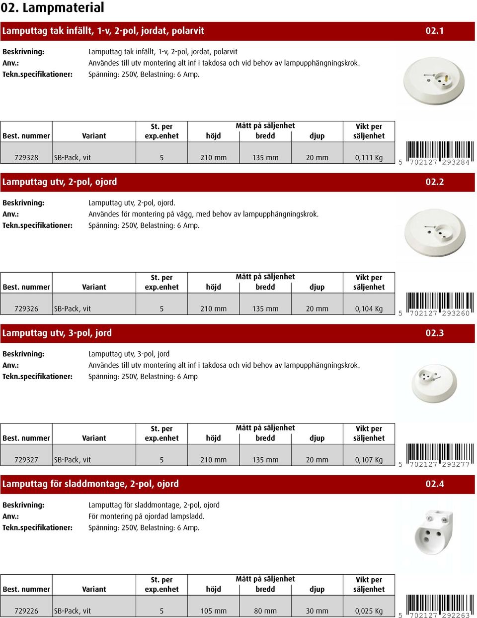 729328 SB-Pack, vit 5 210 mm 135 mm 20 mm 0,111 Kg 5 702127 293284 Lamputtag utv, 2-pol, ojord 02.2 Lamputtag utv, 2-pol, ojord. Användes för montering på vägg, med behov av lampupphängningskrok.