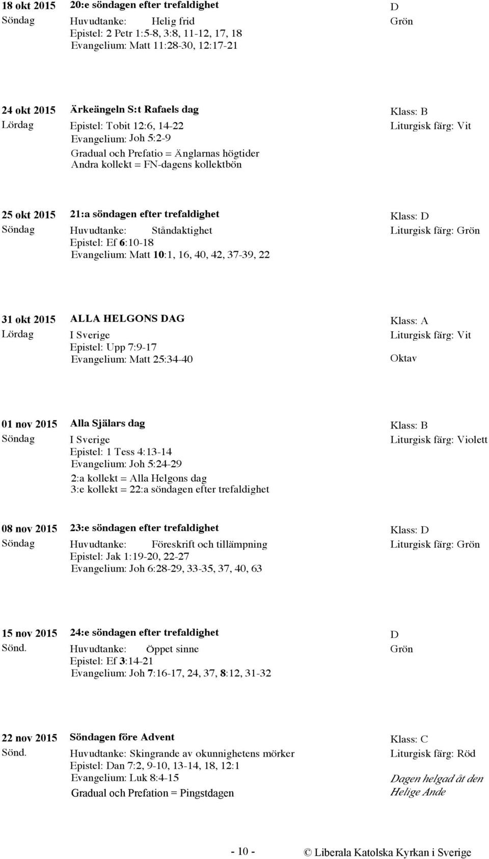 Ståndaktighet Epistel: Ef 6:10-18 Evangelium: Matt 10:1, 16, 40, 42, 37-39, 22 31 okt 2015 Lördag ALLA HELGONS DAG I Sverige Epistel: Upp 7:9-17 Evangelium: Matt 25:34-40 01 nov 2015 Alla Själars dag