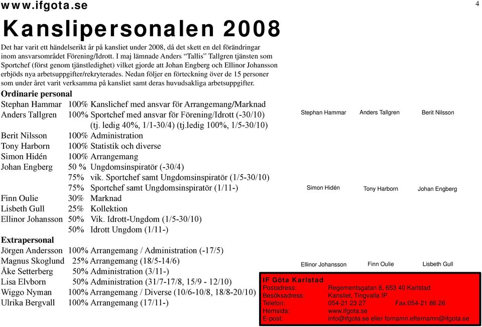 Nedan följer en förteckning över de 15 personer som under året varit verksamma på kansliet samt deras huvudsakliga arbetsuppgifter.