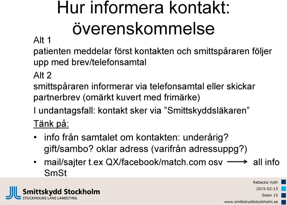 frimärke) I undantagsfall: kontakt sker via Smittskyddsläkaren Tänk på: info från samtalet om kontakten: