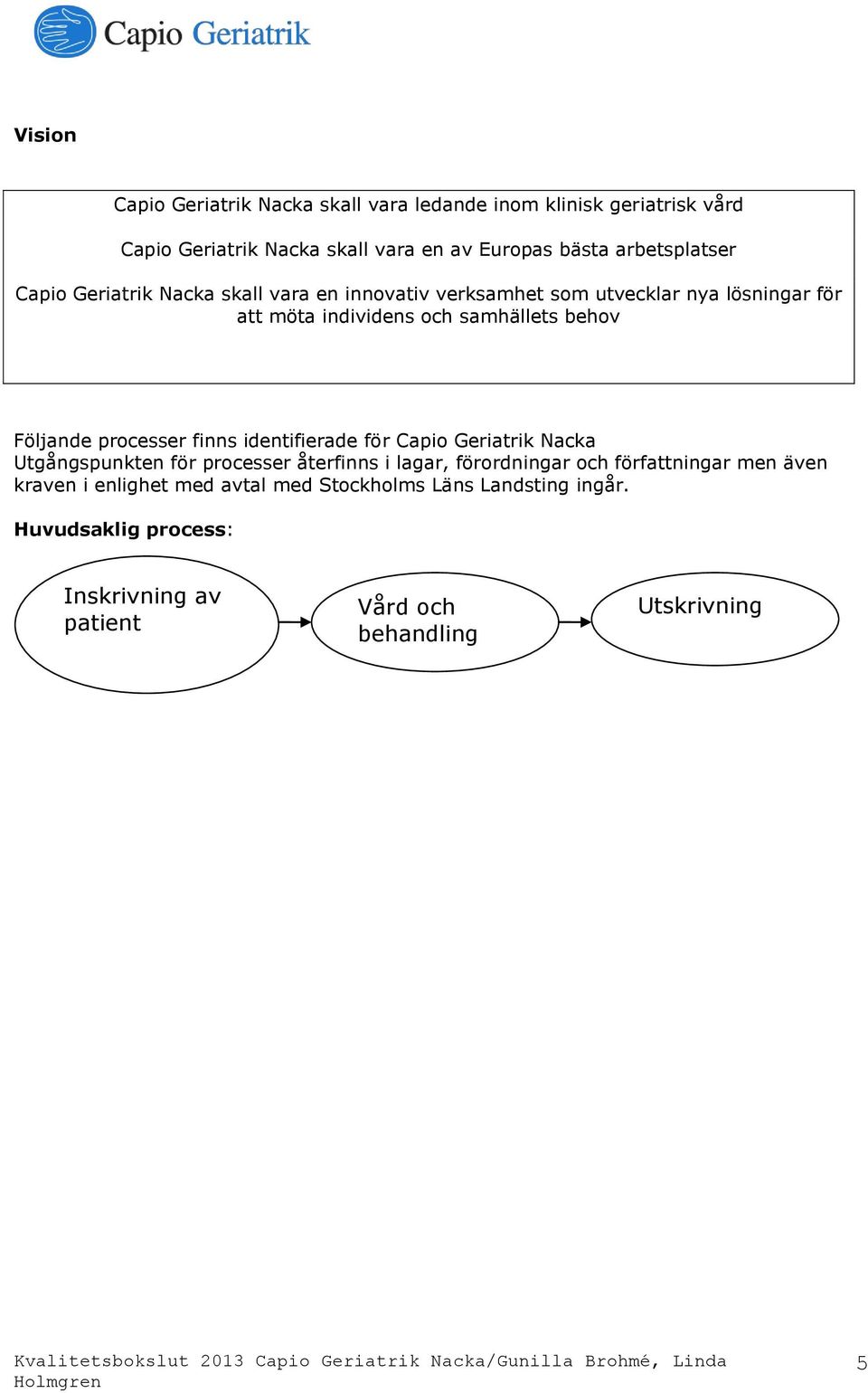 behov Följande processer finns identifierade för Capio Geriatrik Nacka Utgångspunkten för processer återfinns i lagar, förordningar och