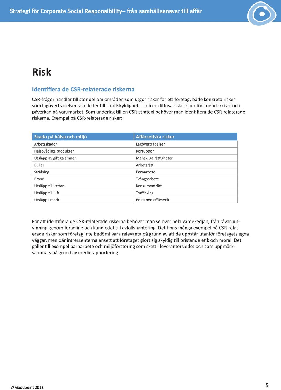 Exempel på CSR-relaterade risker: Skada på hälsa och miljö Arbetsskador Hälsovådliga produkter Utsläpp av giftiga ämnen Buller Strålning Brand Utsläpp till vatten Utsläpp till luft Utsläpp i mark