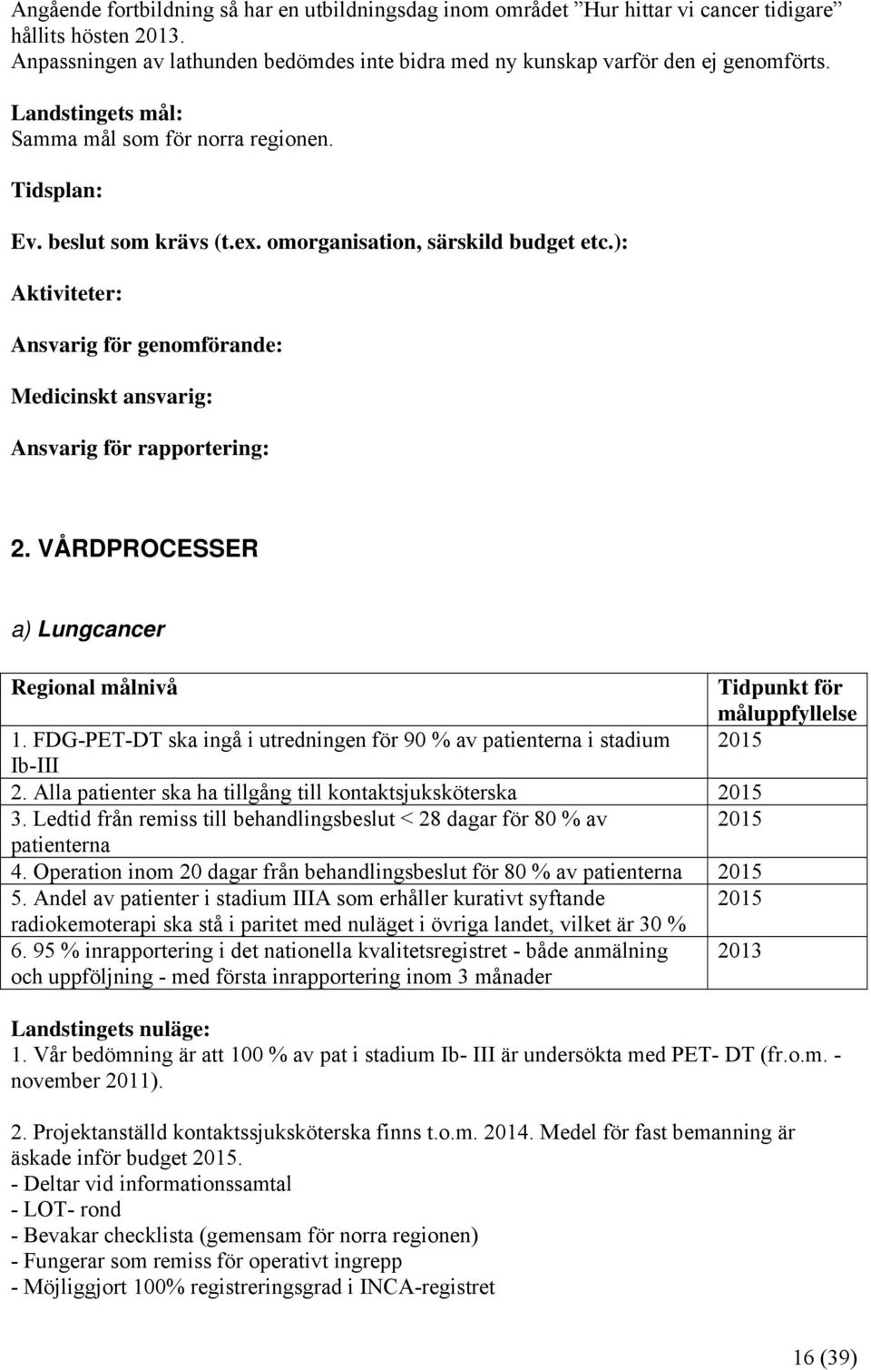 Alla patienter ska ha tillgång till kontaktsjuksköterska 2015 3. Ledtid från remiss till behandlingsbeslut < 28 dagar för 80 % av 2015 patienterna 4.