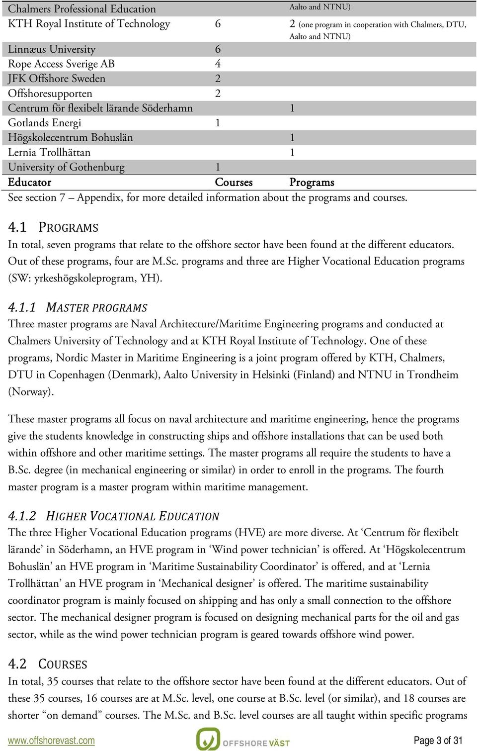 section 7 Appendix, for more detailed information about the programs and courses. 4.1 PROGRAMS In total, seven programs that relate to the offshore sector have been found at the different educators.