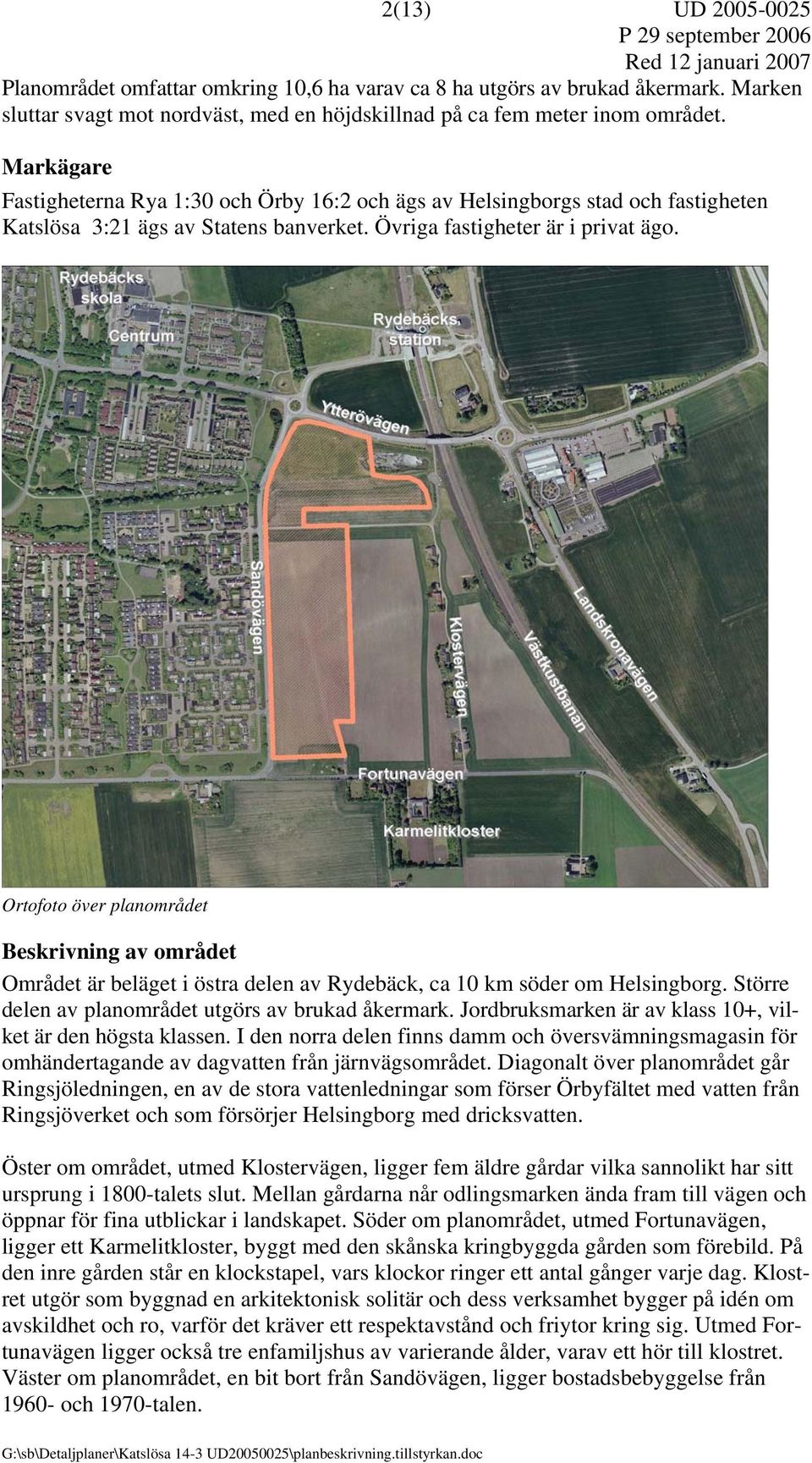 Markägare Fastigheterna Rya 1:30 och Örby 16:2 och ägs av Helsingborgs stad och fastigheten Katslösa 3:21 ägs av Statens banverket. Övriga fastigheter är i privat ägo.