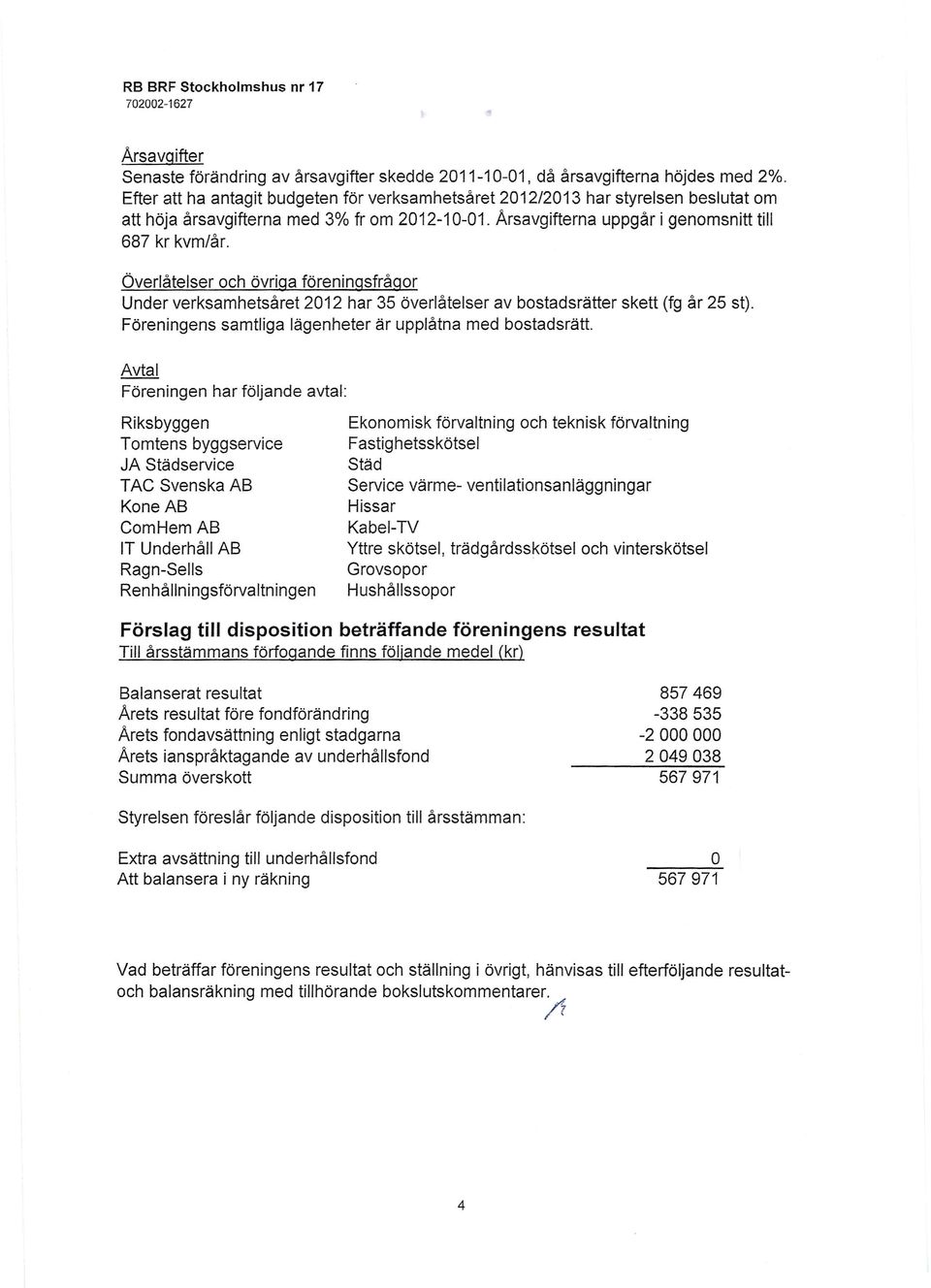 Överlåtelser och övriga föreningsfrågor Under verksamhetsåret 2012 har 35 överlåtelser av bostadsrätter skett (fg år 25 st). Föreningens samtliga lägenheter är upplåtna med bostadsrätt.