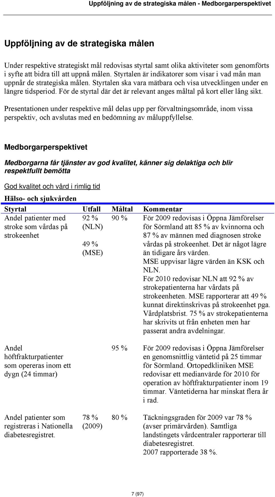 För de styrtal där det är relevant anges måltal på kort eller lång sikt.