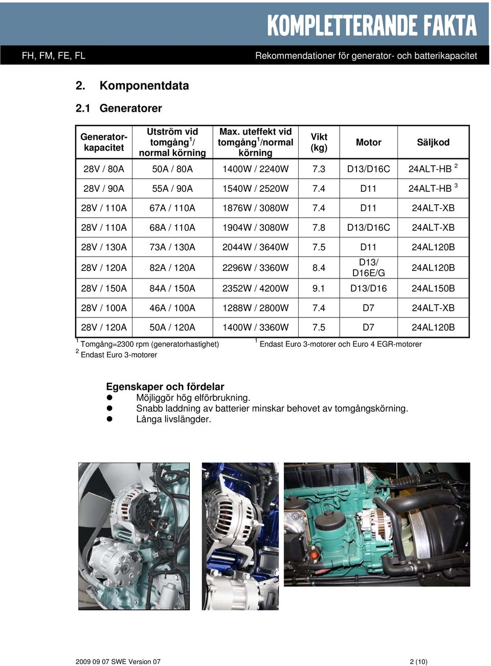 4 D11 24ALT-HB 3 28V / 110A 67A / 110A 1876W / 3080W 7.4 D11 24ALT-XB 28V / 110A 68A / 110A 1904W / 3080W 7.8 D13/D16C 24ALT-XB 28V / 130A 73A / 130A 2044W / 3640W 7.