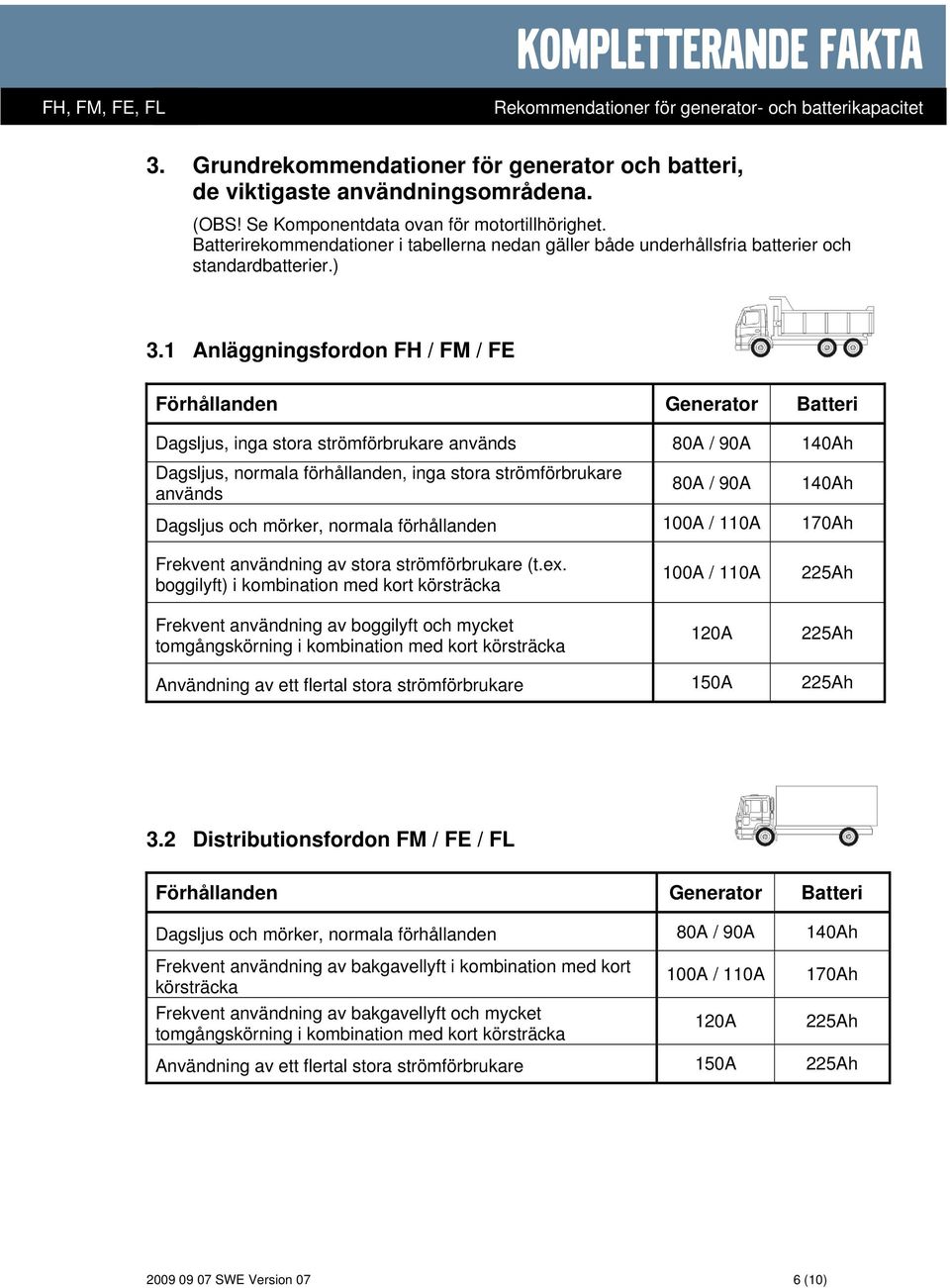 1 Anläggningsfordon FH / FM / FE Förhållanden Generator Batteri Dagsljus, inga stora strömförbrukare används 80A / 90A 140Ah Dagsljus, normala förhållanden, inga stora strömförbrukare används 80A /