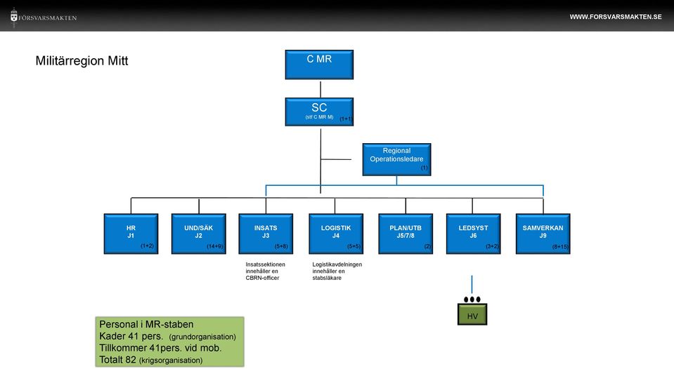 Insatssektionen innehåller en CBRN-officer Logistikavdelningen innehåller en stabsläkare Personal i