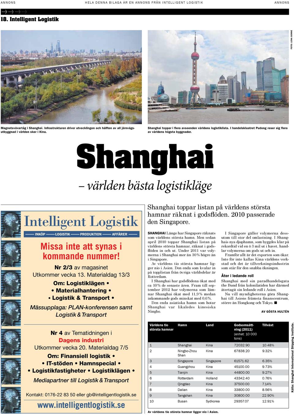 Shanghai världen bästa logistikläge Intelligent Logistik INKÖP LOGISTIK PRODUKTION AFFÄRER Missa inte att synas i kommande nummer! Nr 2/3 av magasinet Utkommer vecka 13.