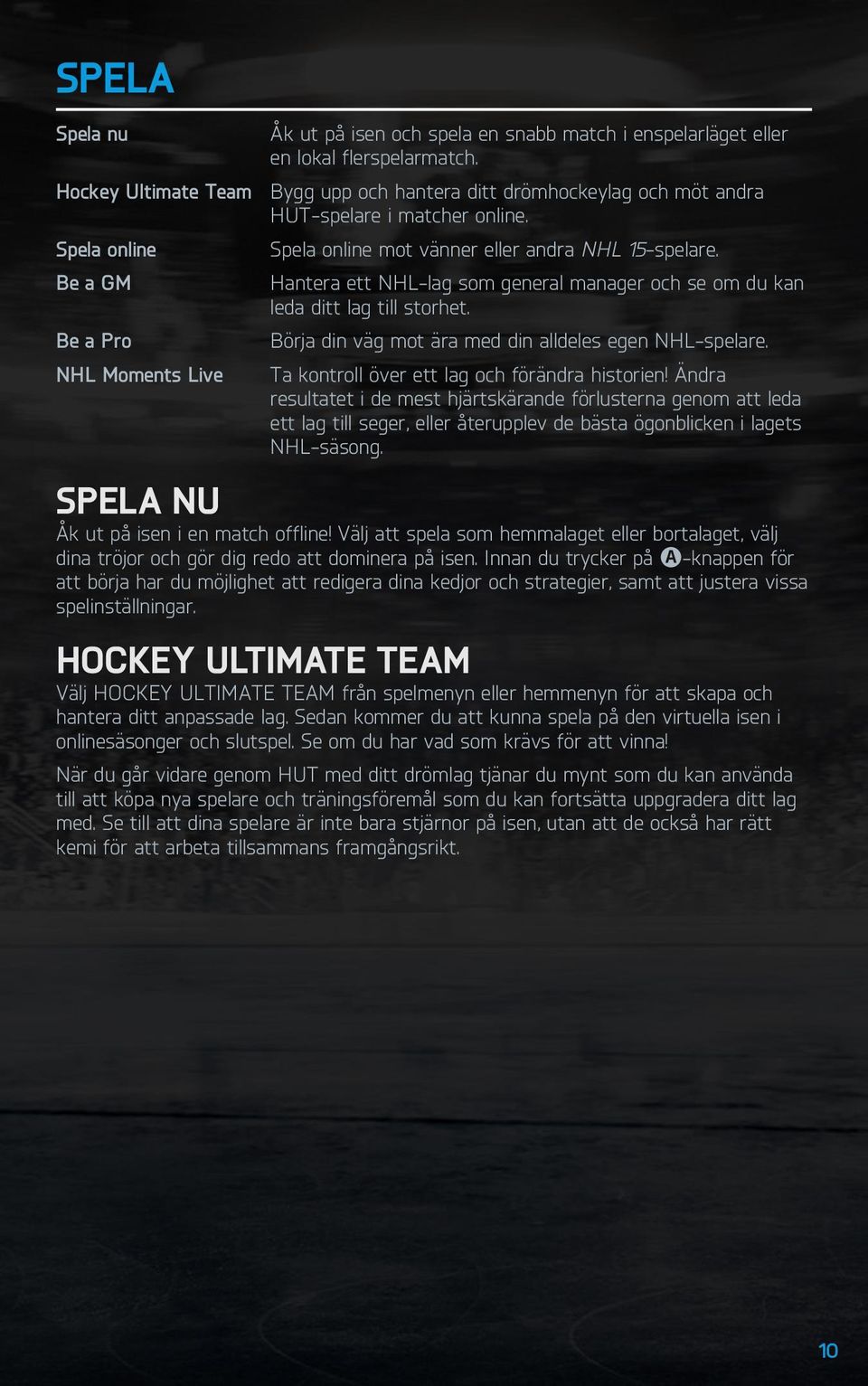 Be a GM Hantera ett NHL-lag som general manager och se om du kan leda ditt lag till storhet. Be a Pro Börja din väg mot ära med din alldeles egen NHL-spelare.