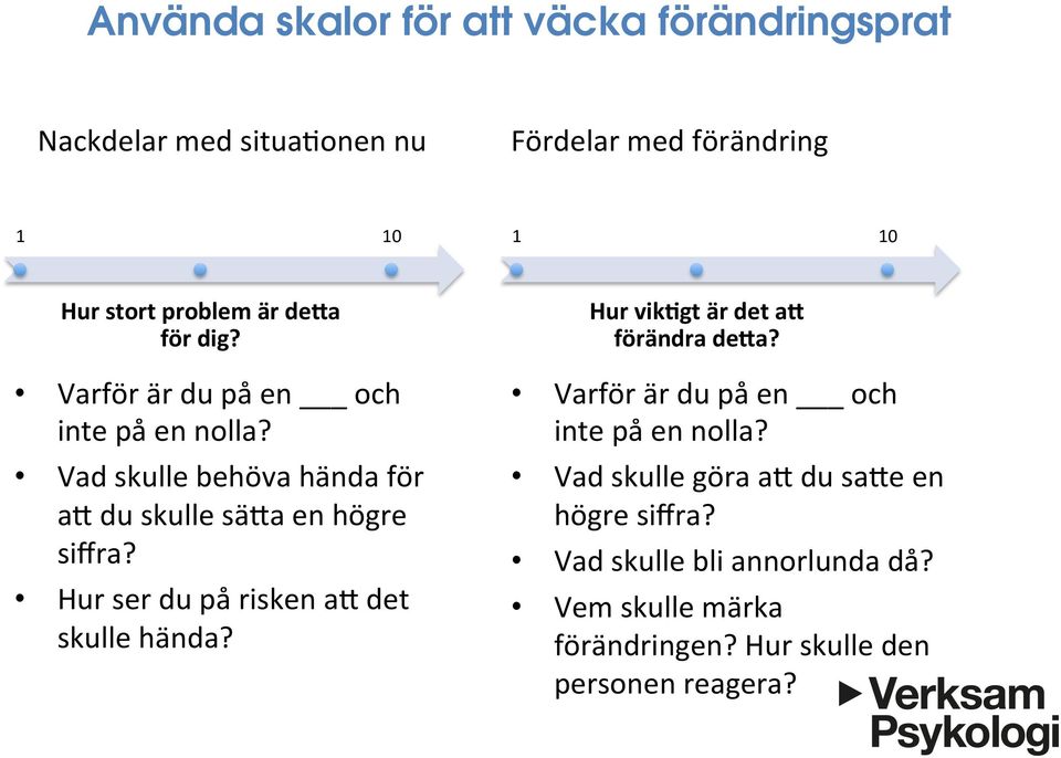 Hur ser du på risken a0 det skulle hända? Hur vik&gt är det a@ förändra de@a? Varför är du på en och inte på en nolla?