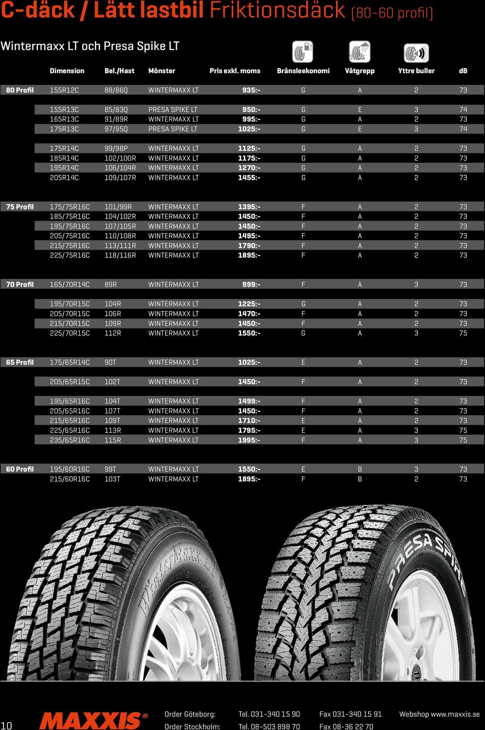 97/95Q PRESA SPIKE LT 1025:- G E 3 74 175R14C 99/98P WINTERMAXX LT 1125:- G A 2 73 185R14C 102/100R WINTERMAXX LT 1175:- G A 2 73 195R14C 106/104R WINTERMAXX LT 1270:- G A 2 73 205R14C 109/107R