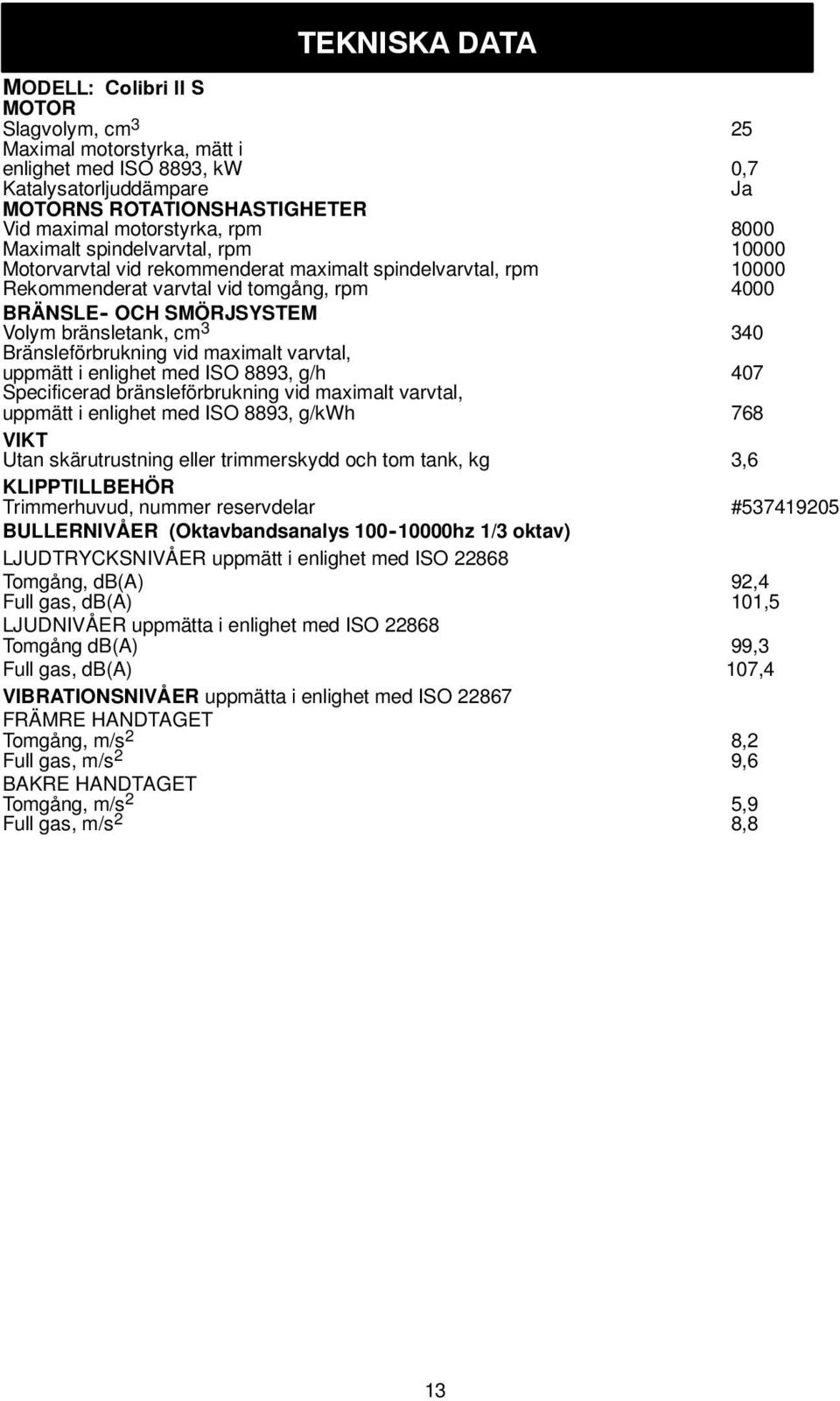 cm 3 340 Bränsleförbrukning vid maximalt varvtal, uppmätt i enlighet med ISO 8893, g/h 407 Specificerad bränsleförbrukning vid maximalt varvtal, uppmätt i enlighet med ISO 8893, g/kwh 768 VIKT Utan