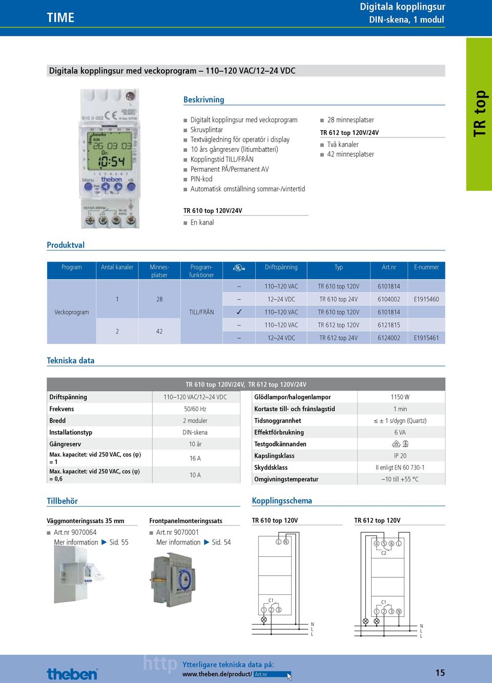 minnesplatser TR 612 top 120V/24V Två kanaler 42 minnesplatser TR top TR 610 top 120V/24V En kanal Produktval Program Antal kanaler Minnesplatser Veckoprogram 1 28 2 42 Programfunktioner TI/FRÅ