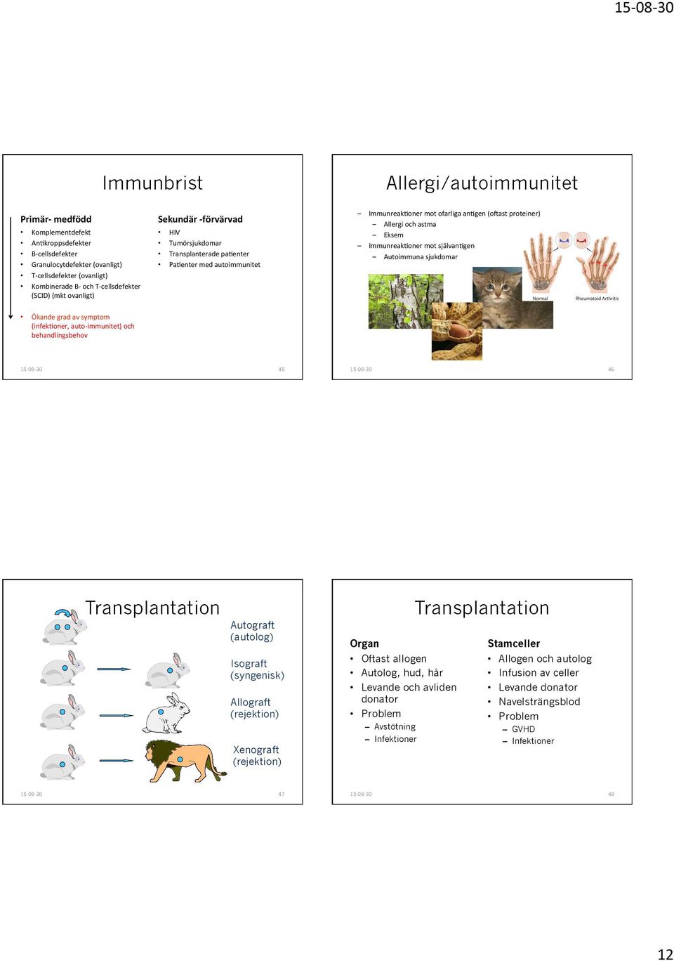 mot självanigen Autoimmuna sjukdomar Sekundär - förvärvad HIV Tumörsjukdomar Transplanterade paienter PaIenter med autoimmunitet 45 Transplantation Transplantation Autograft (autolog) Isograft