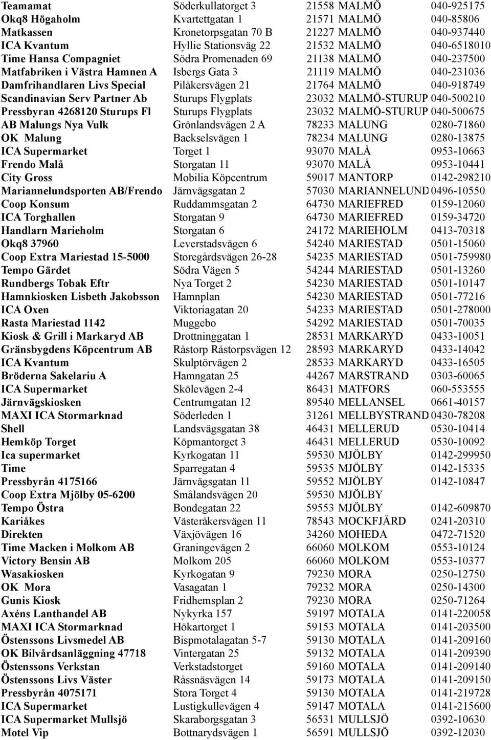 21764 MALMÖ 040-918749 Scandinavian Serv Partner Ab Sturups Flygplats 23032 MALMÖ-STURUP 040-500210 Pressbyran 4268120 Sturups Fl Sturups Flygplats 23032 MALMÖ-STURUP 040-500675 AB Malungs Nya Vulk