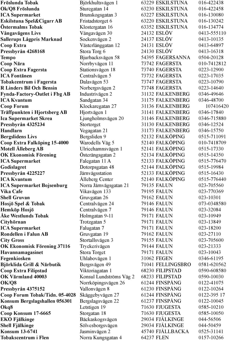 Marknad Sockenvägen 2 24137 ESLÖV 0413-10135 Coop Extra Västerlånggatan 12 24131 ESLÖV 0413-64897 Pressbyrån 4268168 Stora Torg 6 24130 ESLÖV 0413-16318 Tempo Bjurbacksvägen 58 54395 FAGERSANNA
