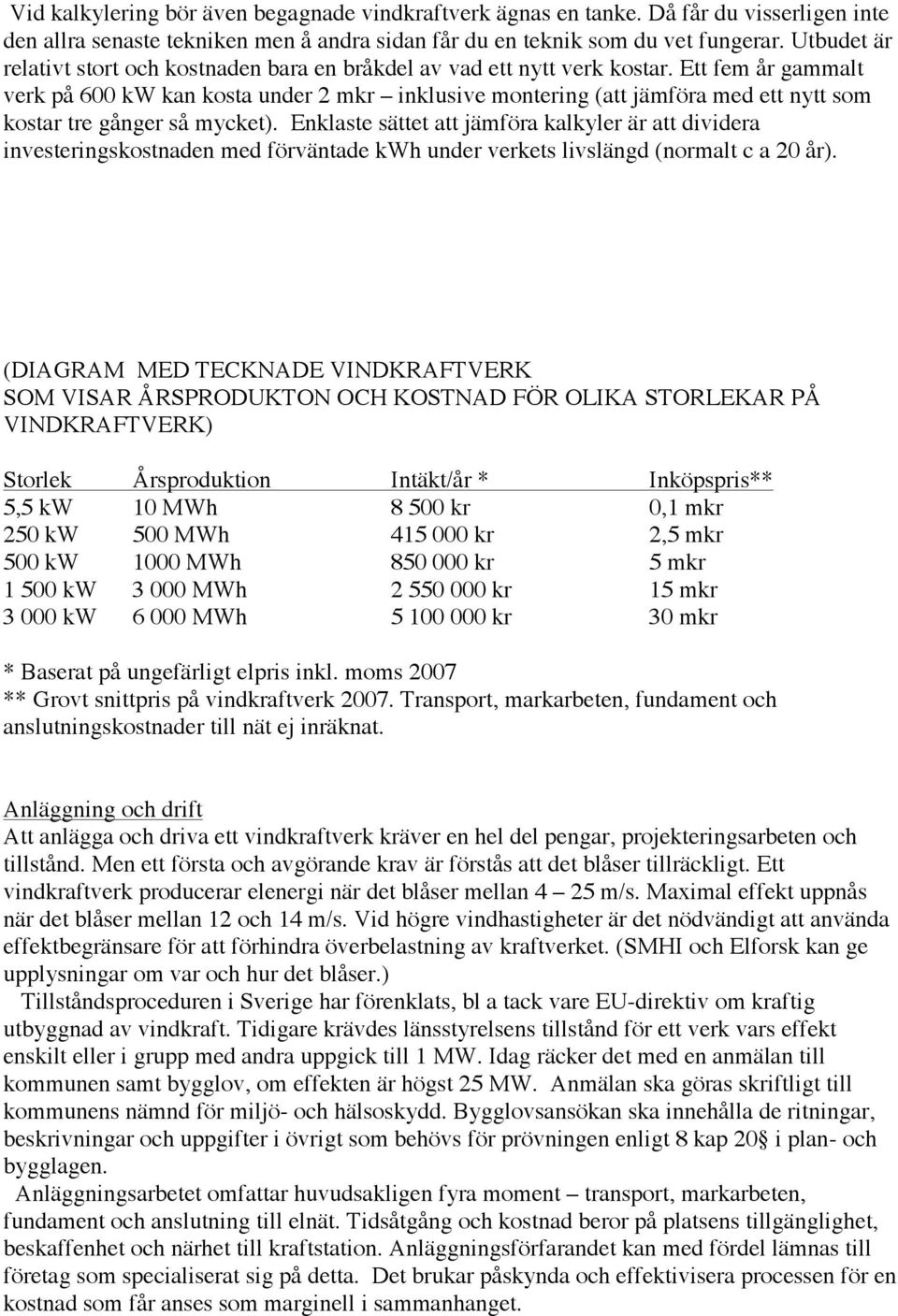 Ett fem år gammalt verk på 600 kw kan kosta under 2 mkr inklusive montering (att jämföra med ett nytt som kostar tre gånger så mycket).