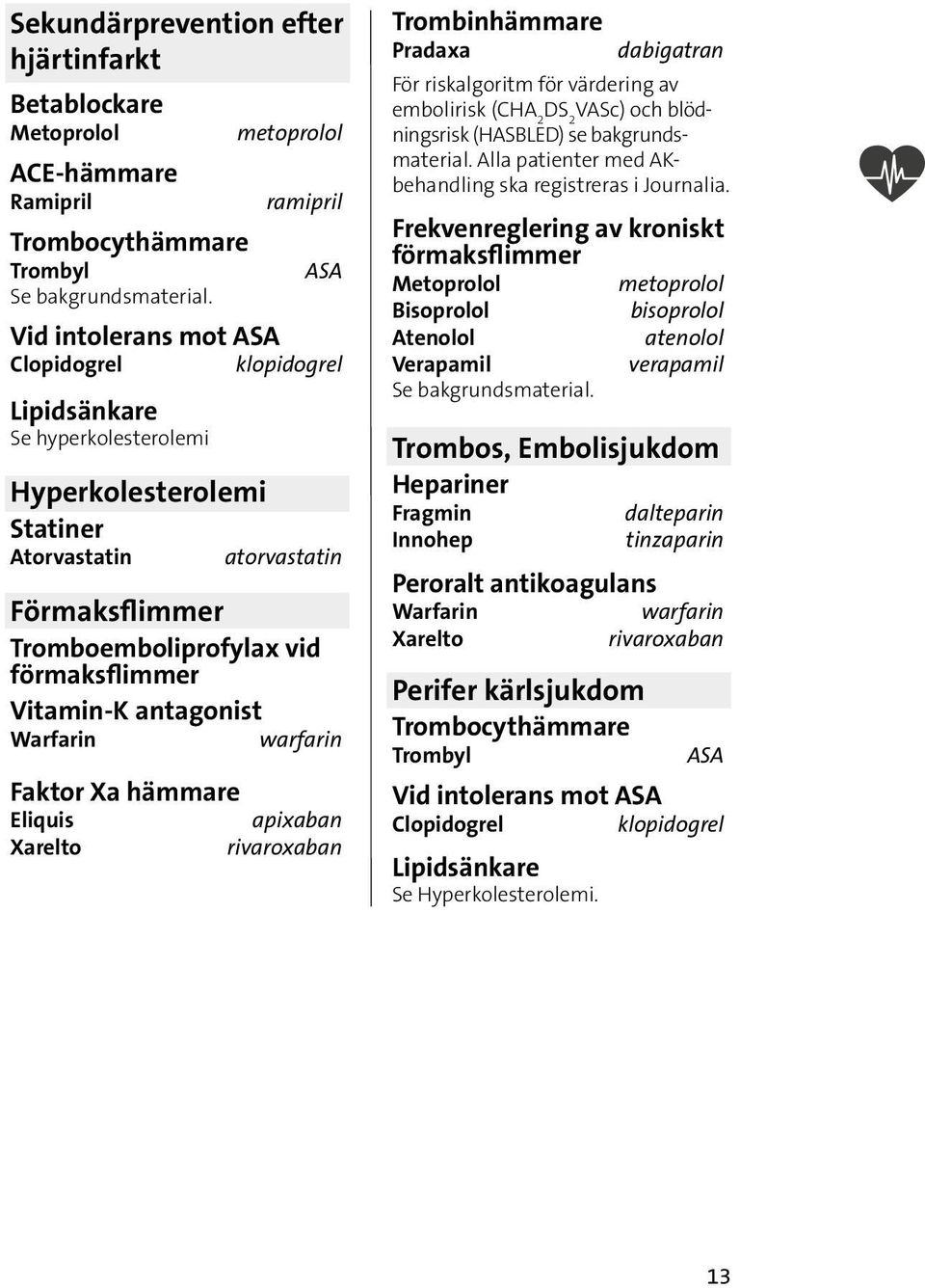 Vitamin-K antagonist Warfarin warfarin Faktor Xa hämmare Eliquis apixaban Xarelto rivaroxaban Trombinhämmare Pradaxa dabigatran För riskalgoritm för värdering av embolirisk (CHA 2 DS 2 VASc) och