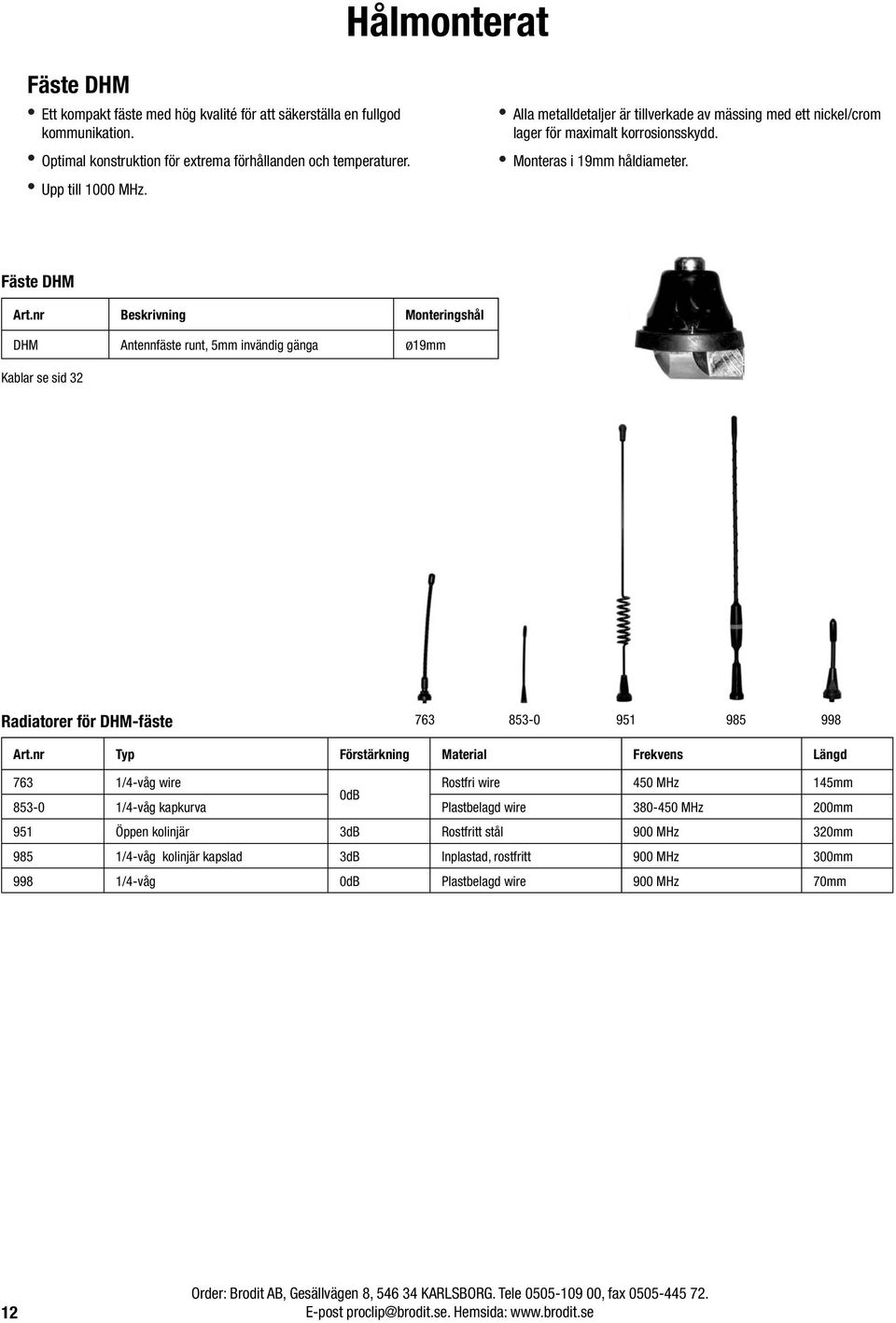 Fäste DHM Monteringshål DHM Antennfäste runt, 5mm invändig gänga Ø19mm Kablar se sid 32 Radiatorer för DHM-fäste 763 853-0 951 985 998 Typ Förstärkning Material Frekvens Längd 763 1/4-våg