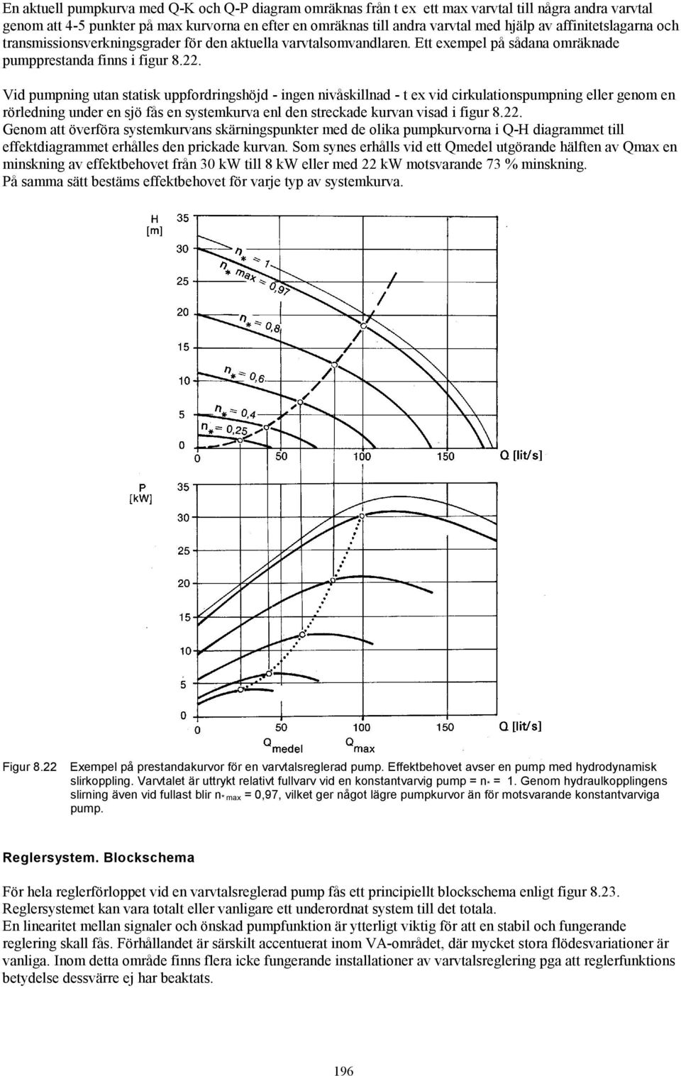 Vid pumpning utan statisk uppfordringshöjd - ingen nivåskillnad - t ex vid cirkulationspumpning eller genom en rörledning under en sjö fås en systemkurva enl den streckade kurvan visad i figur 8.22.